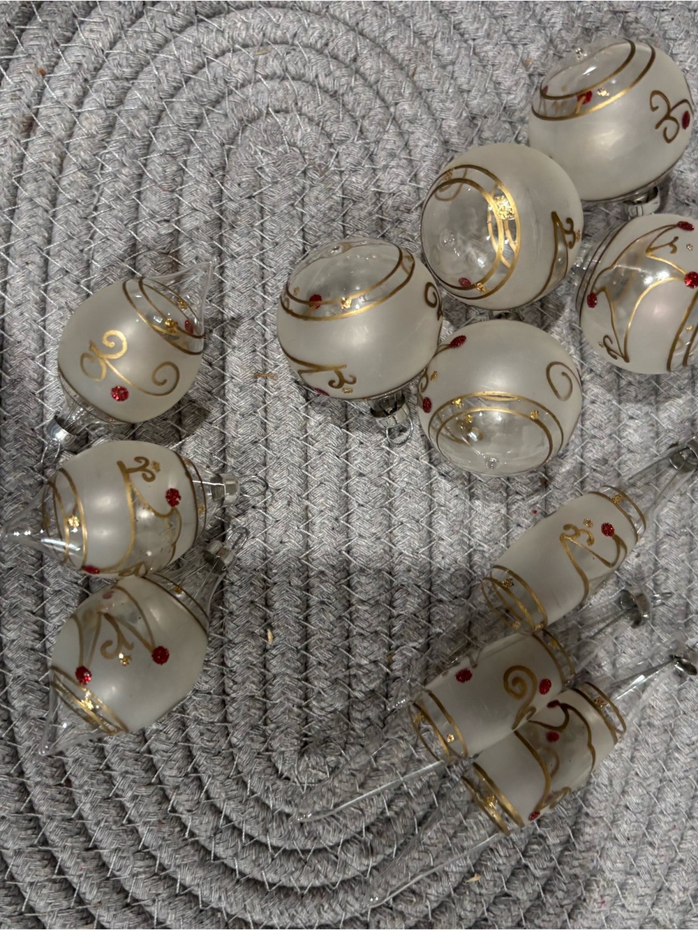 Vintage MCM Elegant Frosted Christmas ornaments with Gold Scroll & Red Accents